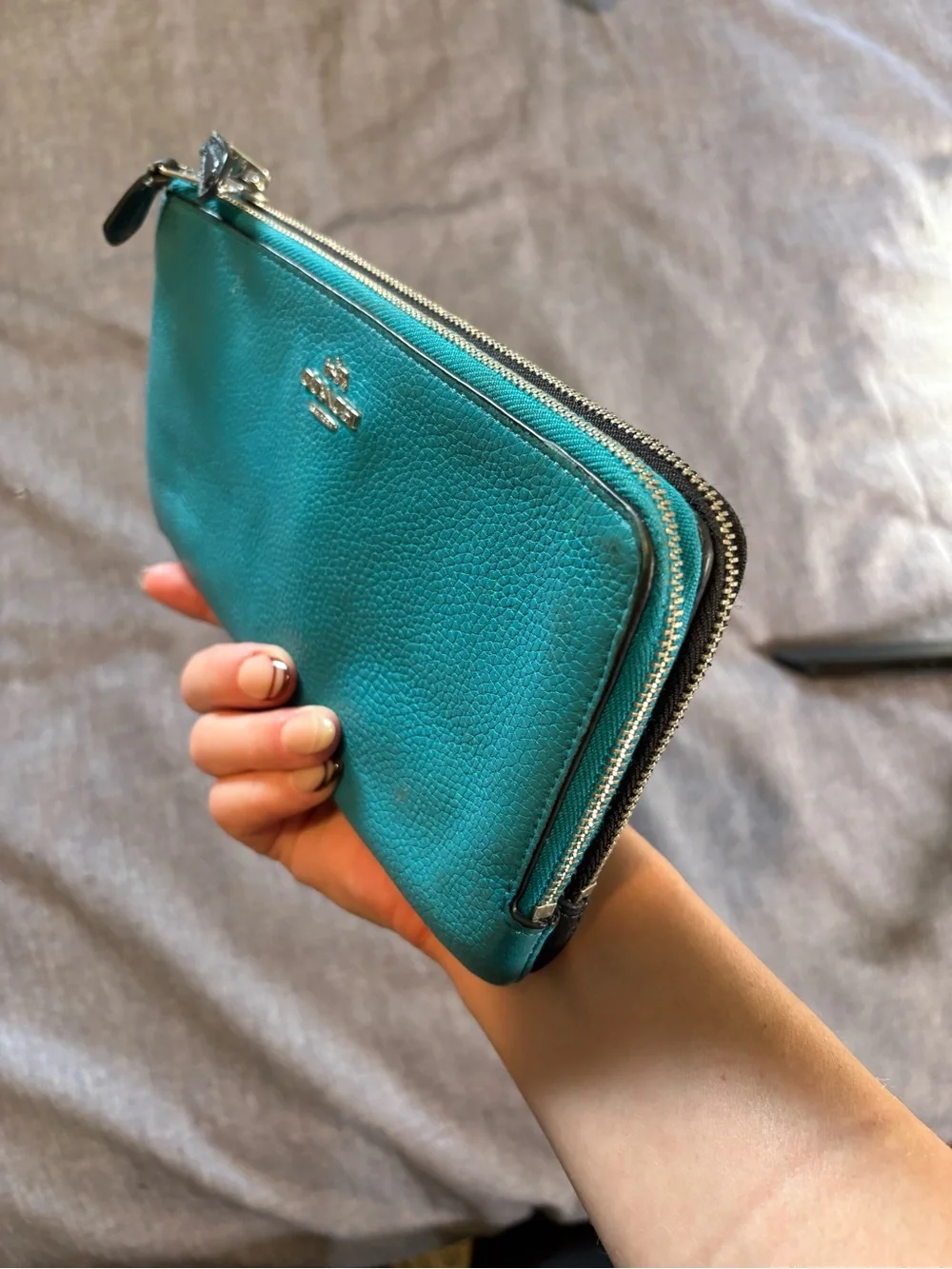 Coach Turquoise Pebbled Leather Wristlet with Gold Logo